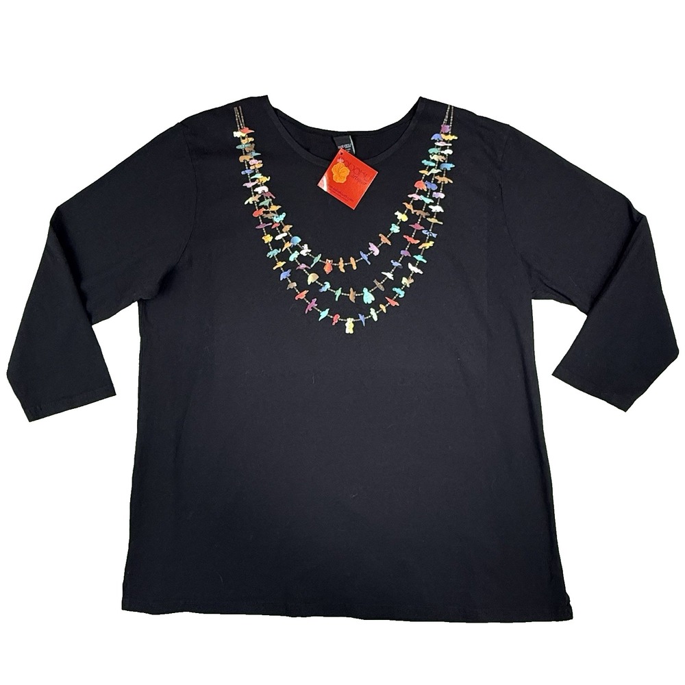 Sabaku Artwear Womens XL Black 3/4 Sleeve Shirt Flight Necklace USA Artsy NWT